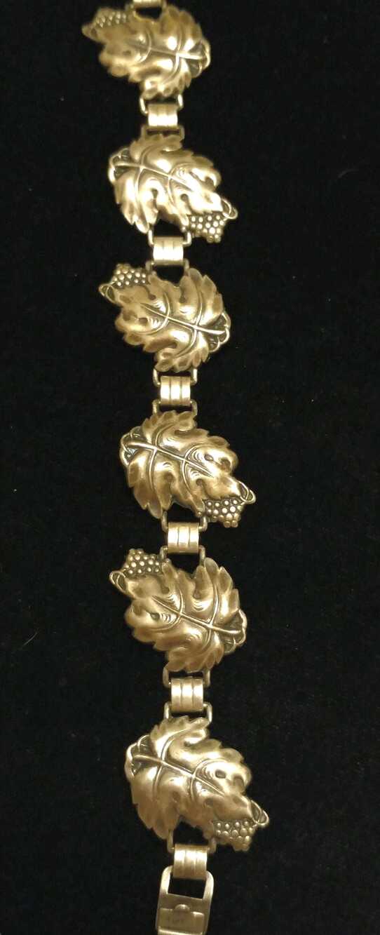 Sterling Grape and Leaf Bracelet 1940's Detailed Nature Fruit Wine Lover